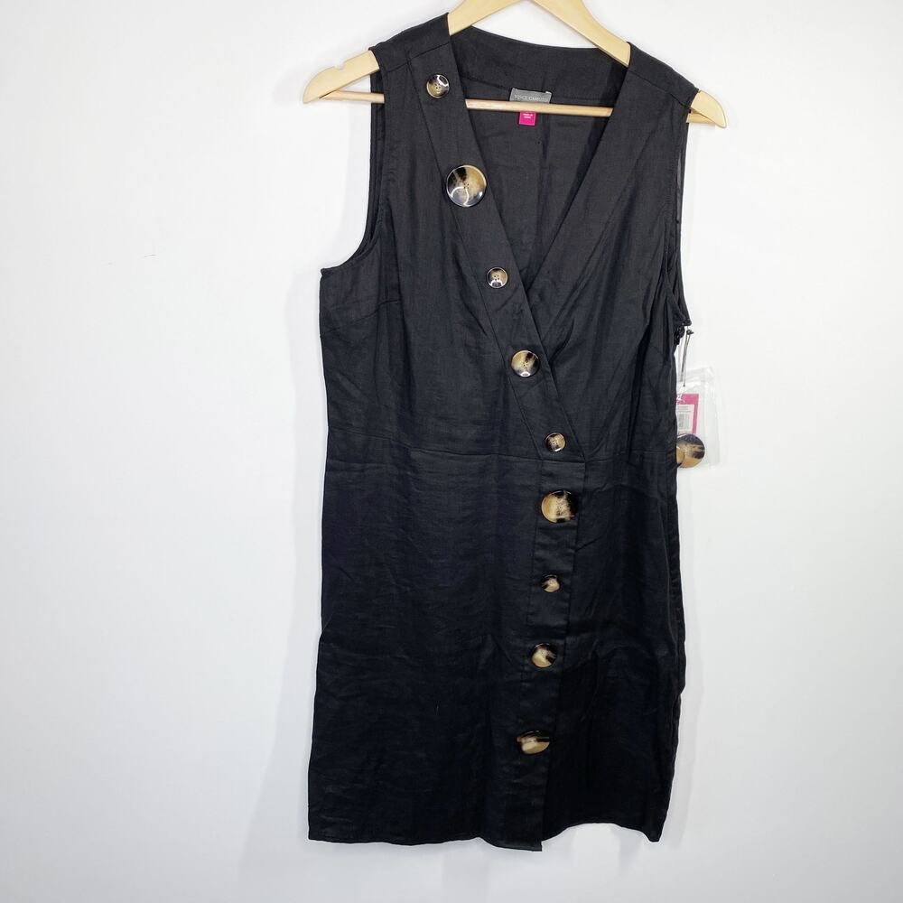 Vince Camuto Womens Linen Dress 12 Black Asymmetrical Button Oasis Bloom